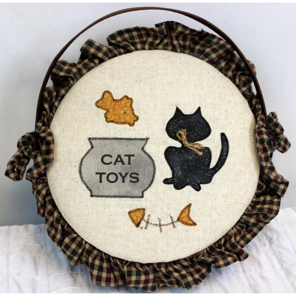 Cat Toys Cottage Core Granny Basket Storage Ruffle Applique Lid Farmhouse County